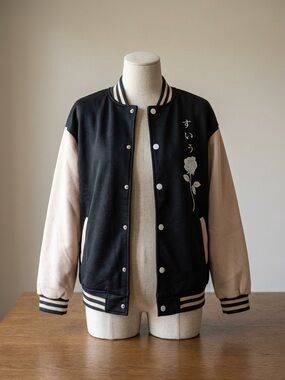 Navy Blue & Cream Rose Embroidered Varsity Jacket - Unbranded